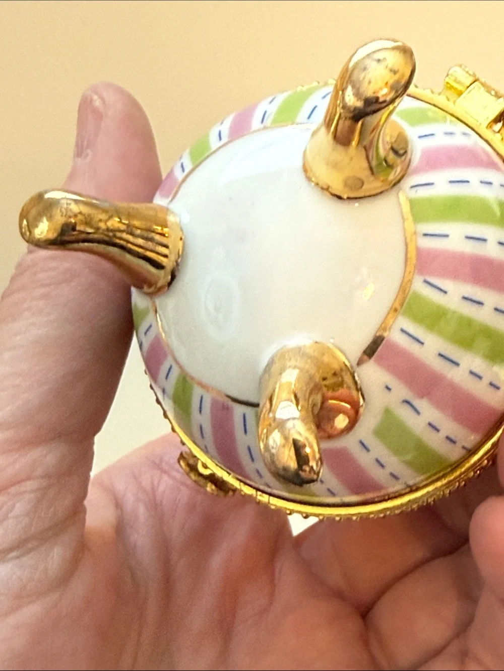 Genuine Porcelain hand painted romantic Victorian style egg shaped trinket box